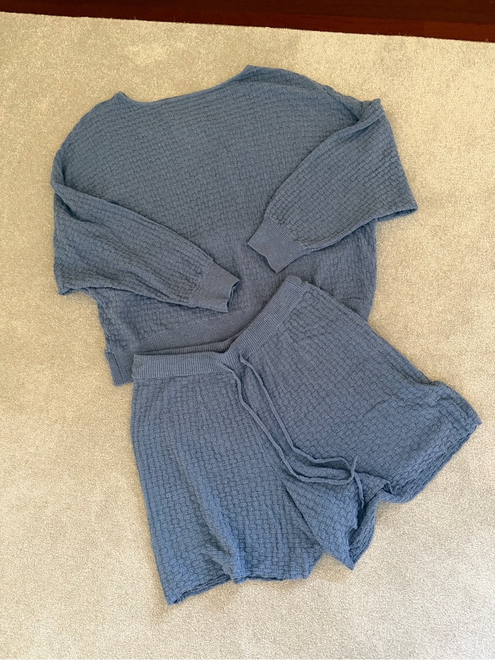 Free People Slate Blue Knit Lounge Set - Long Sleeve Top & Drawstring Shorts - Picture 3 of 7